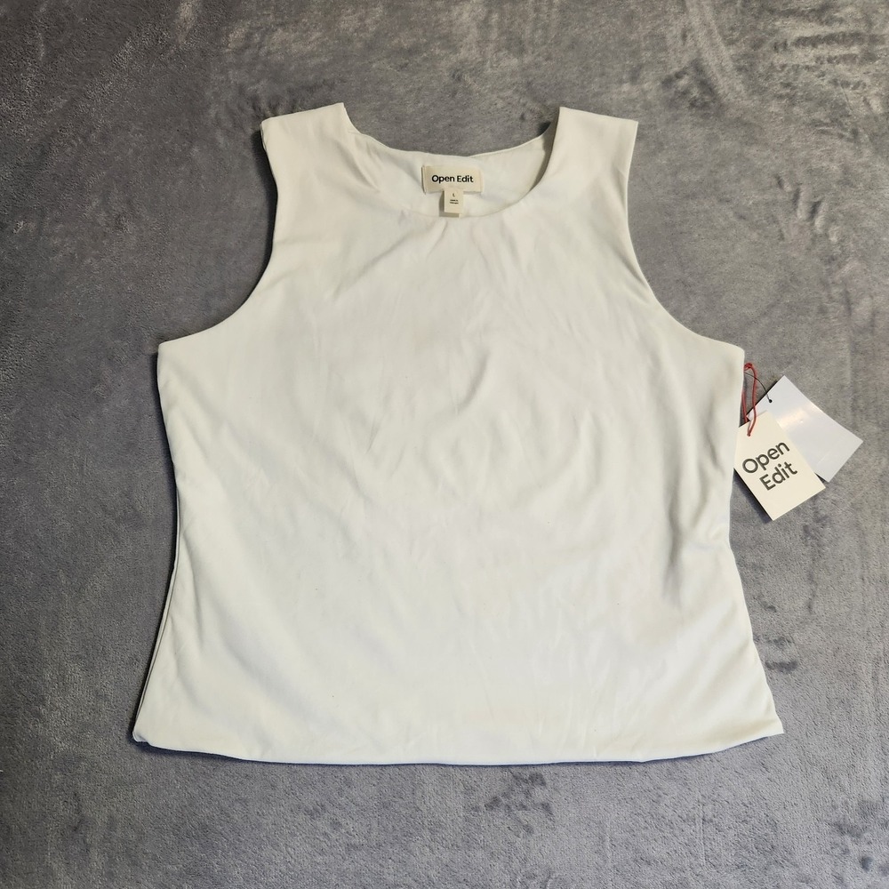 New Open Edit Womens Tank Top Large Ivory White Sleek Stretch Scoop Neck Flaw